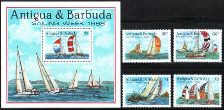 Почтовая марка Флот. Антигуа и Барбуда. Михель № 1121-1124, Блок 139 без надп.