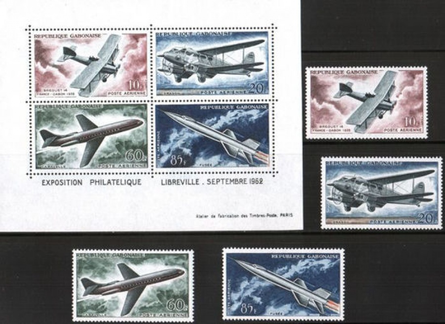 Почтовая марка Авиация 1. Габон. Михель № 175-178 , Блок № 1