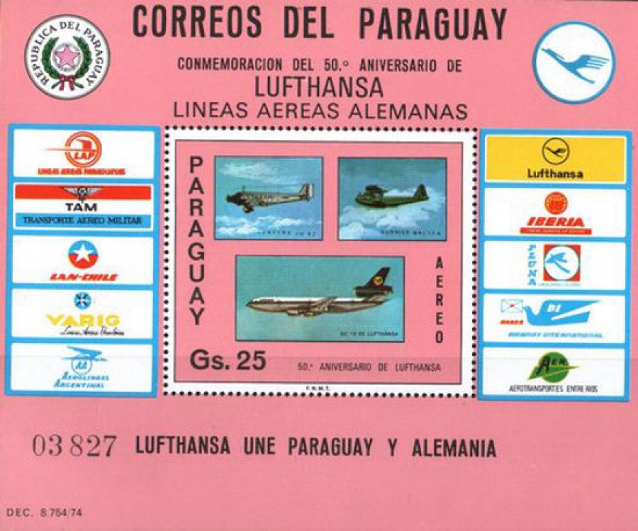 Почтовая марка Авиация 1. Парагвай. Михель Блок № 274