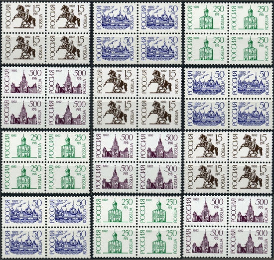 Почтовые марки Стандарт № 59 - 62, 59 I - 62 I, 59 II - 62 II Комплект из 12 квартблоков