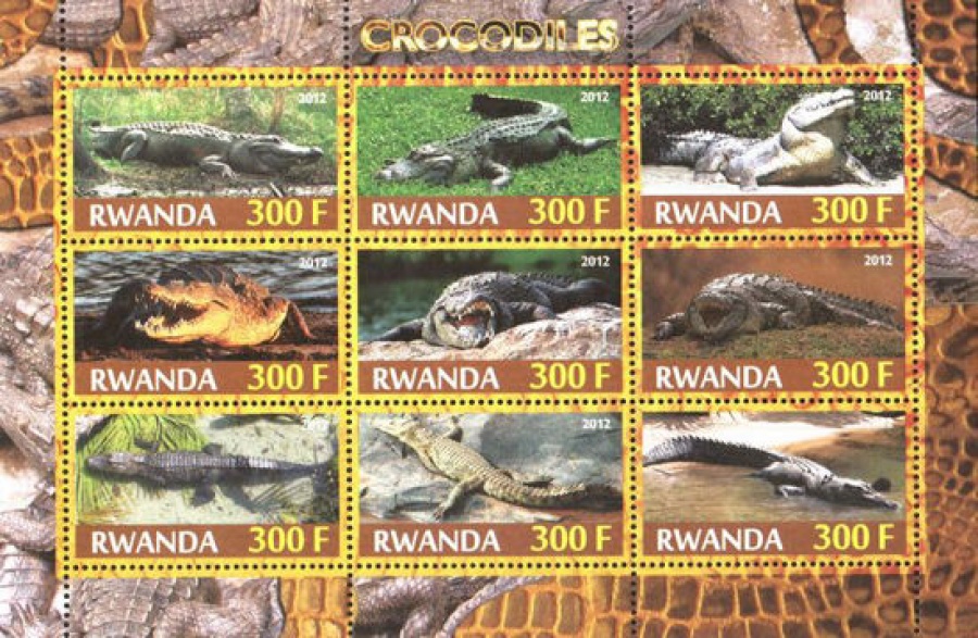 Почтовая марка Фауна. Руанда. Михель № ? Блок 44, крокодилы