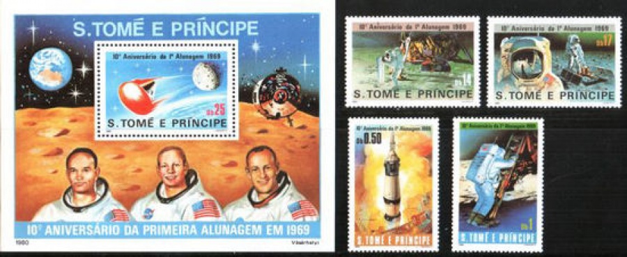Почтовая марка Космонавтика. Сан - Томе и Принсипи. Михель № 646-649, Блок № 45