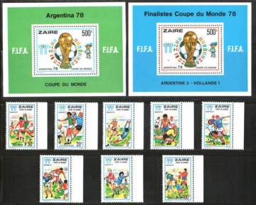 Почтовая марка Футбол. Конго (Заир). Михель № 558-565, Блок 18, 19