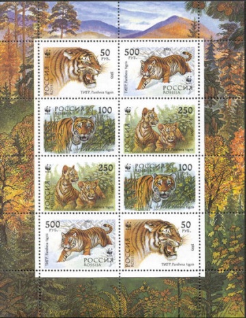 Малый лист почтовых марок - Россия 1993 № 124-127. Уссурийский тигр