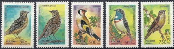 Почтовая марка Россия 1995 № 221-225. Певчие птицы России