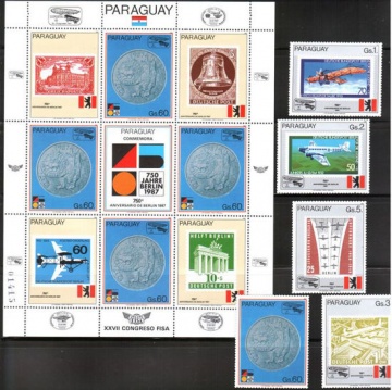 Почтовая марка Авиация 1. Парагвай. Михель № 4125-4129, марки + лист