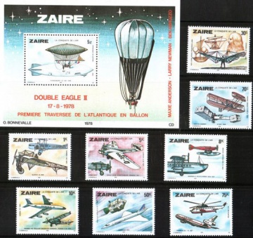 Почтовая марка Авиация 1. Конго (Заир). Михель № 580-587, Блок № 22
